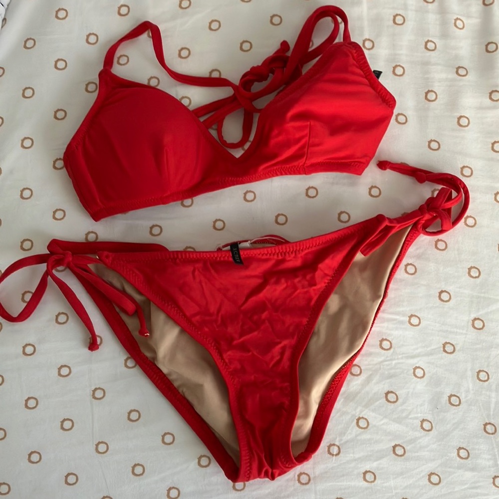 Jcrew red French bikini string hipster small cross back tie straps